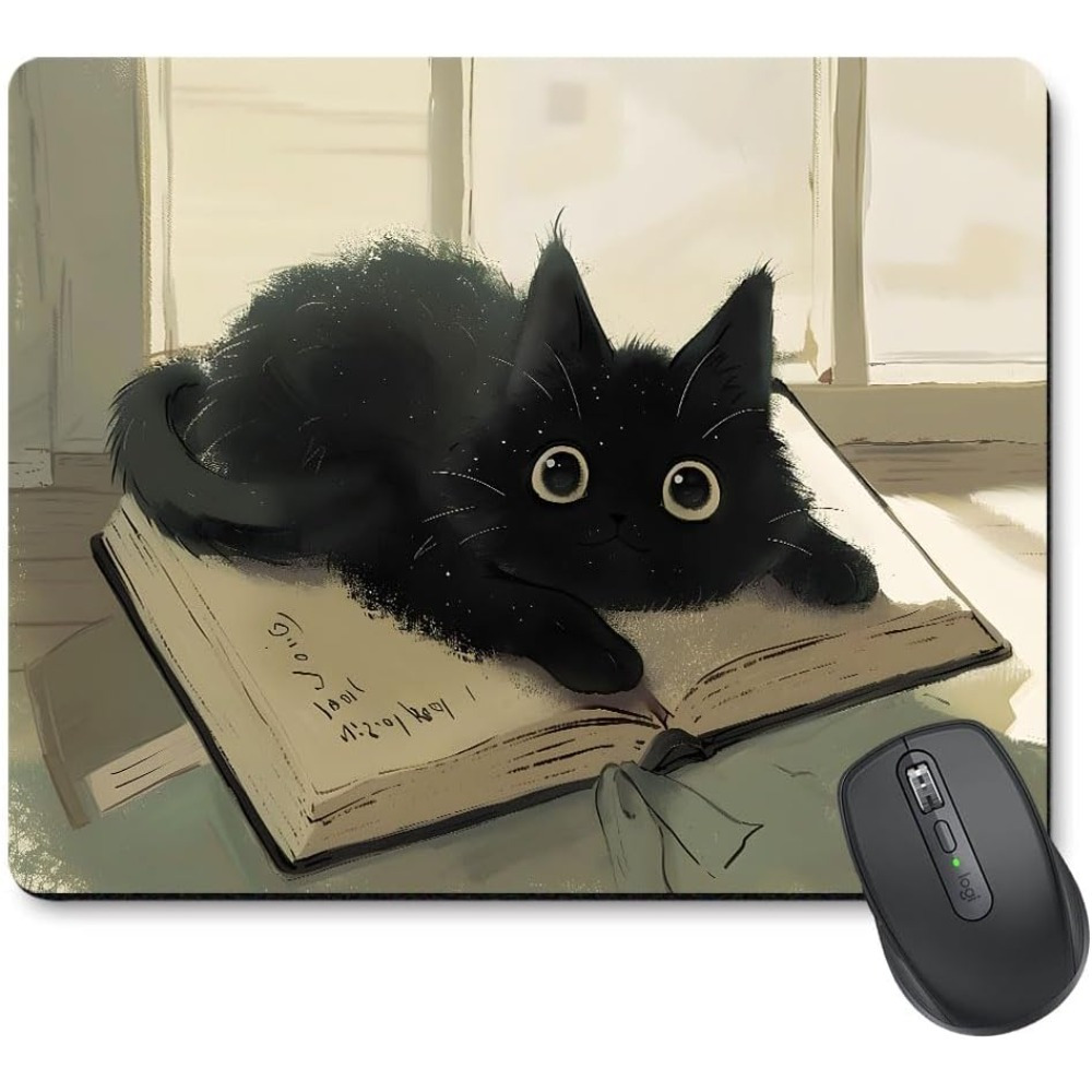 Desk Setup Small - Cute Black Cat Mouse Pad Kawaii