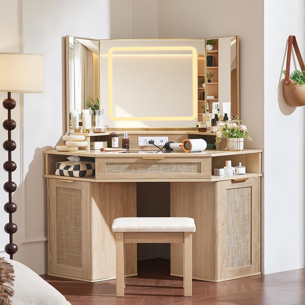 Desk Setup Corner - Corner Vanity Desk Set with 3