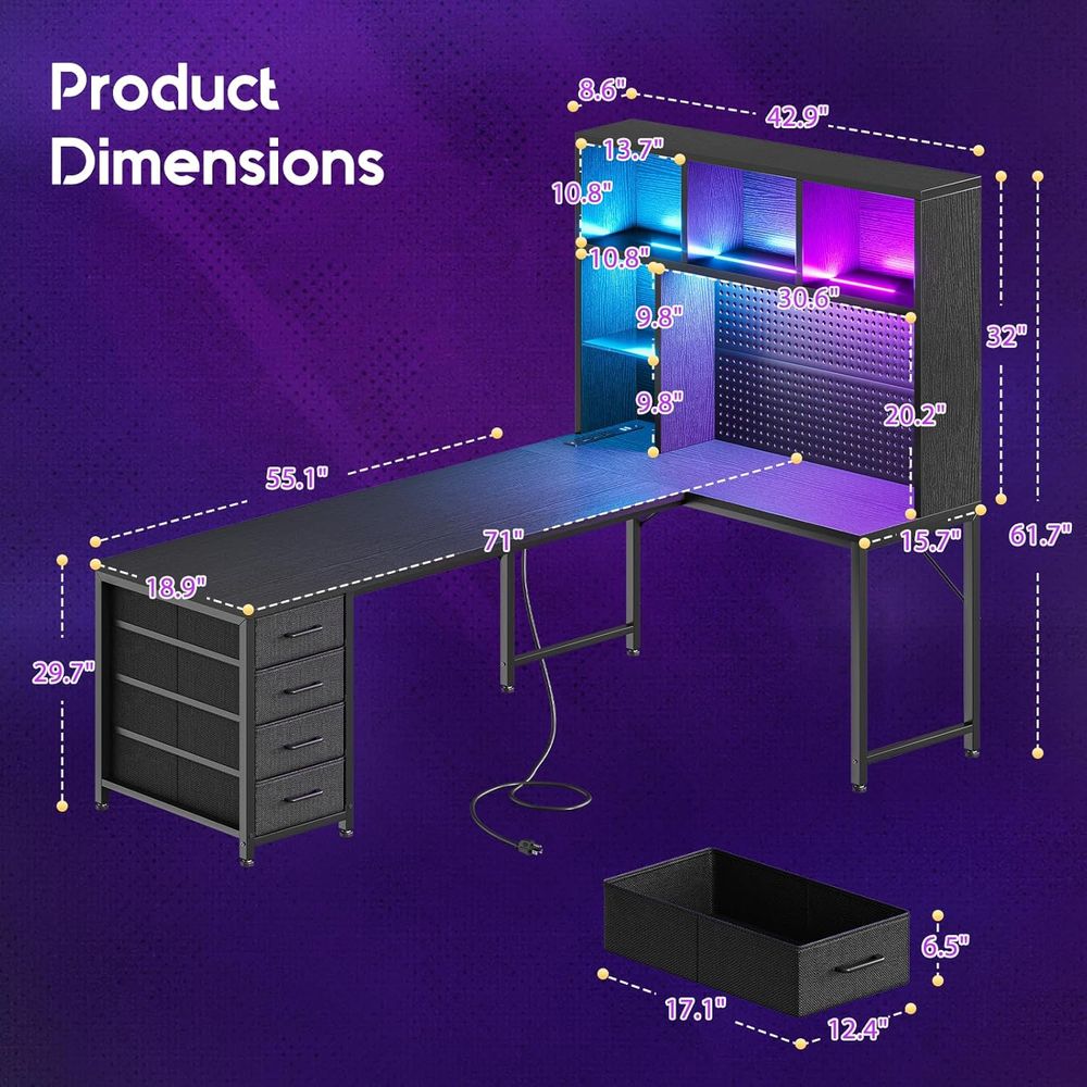 71 L-Shaped Gaming Desk with H - مراجعة Desk Setup Black وسعره