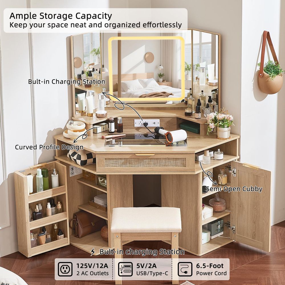 Corner Vanity Desk Set with 3  - مراجعة Desk Setup Corner وسعره